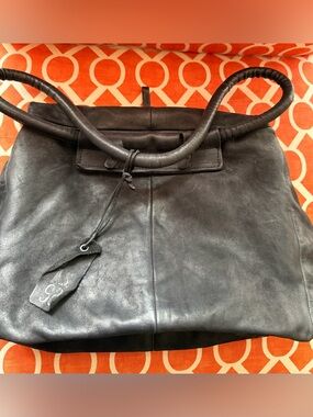 A.S.98 Black Leather Tote Bag with Wrapped Handles
